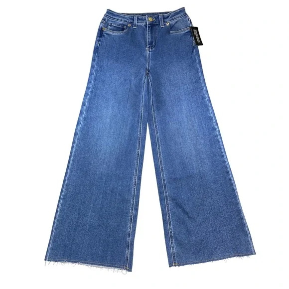 Mally Roncal Womens Wide Leg Jeans Medium Wash Raw Hem Size 4 High Rise Denim - Picture 1 of 11